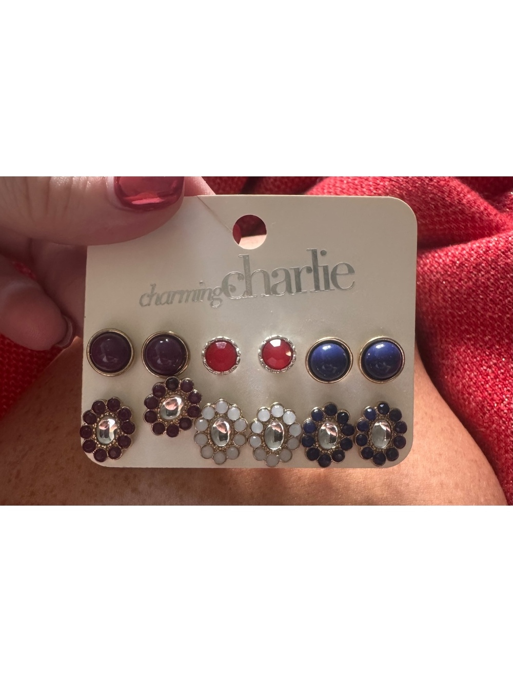 Charming Charlie 6 Pair Stud Earrings Set Purple Red Blue Floral